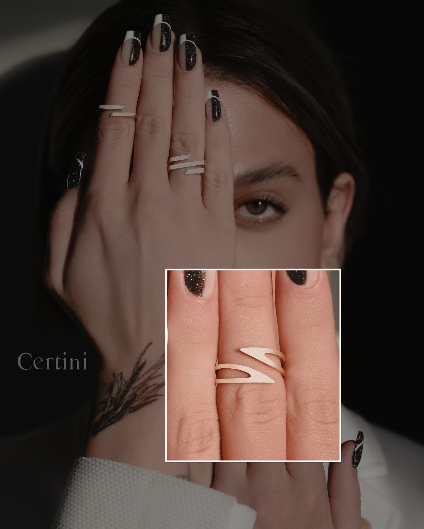 18k Golden Trio: Rose Gold Bar, Gold Double Bar, and Arrow Rings