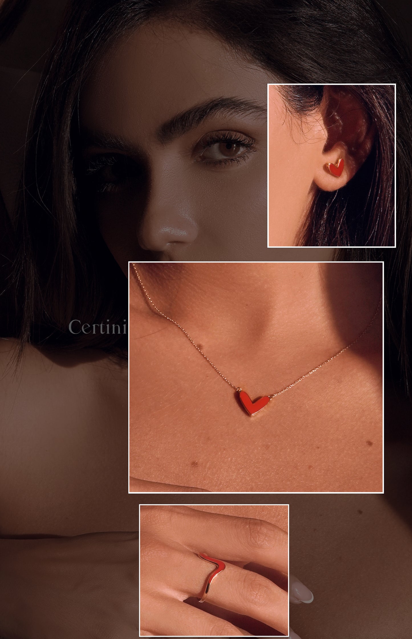 18k  Love's Embrace: Delicate Red Heart Ring, Earrings, and Necklace Set